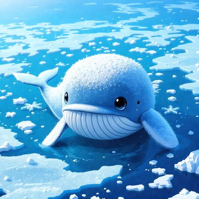 The primary subject of the image is a cute, cartoon-like blue whale. The whale is floating on a blue surface, which appears to be a combination of ice and water. The visual style of the image is digital art, giving it a unique and playful appearance. The colors and mood of the image are predominantly blue, creating a calm and serene atmosphere.